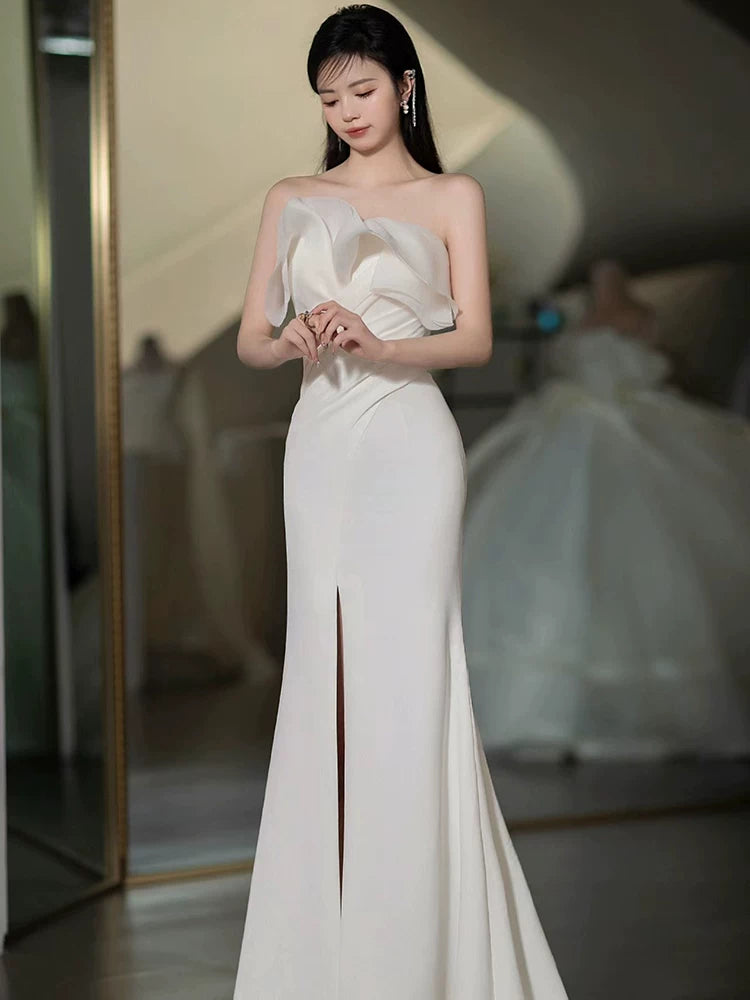 Alluring Strapless Mermaid Wedding Dress Ruffles Satin Slit Bridal Outfit AP7005