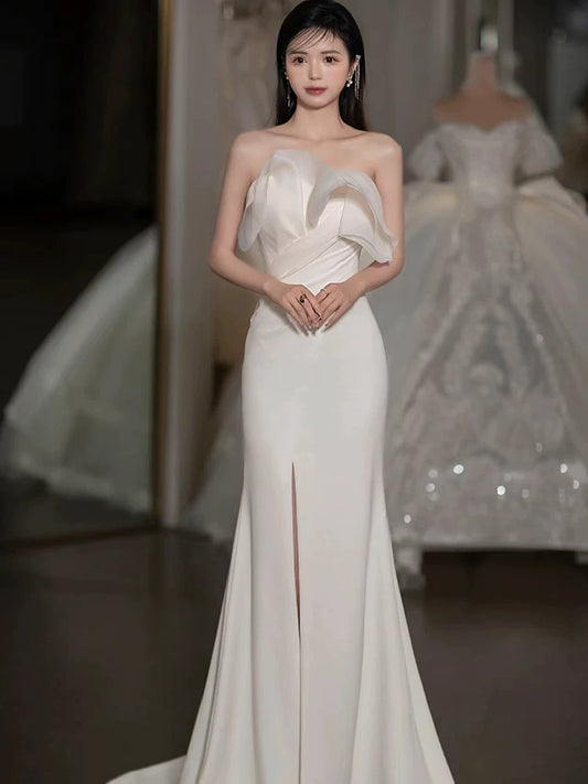 Alluring Strapless Mermaid Wedding Dress Ruffles Satin Slit Bridal Outfit AP7005