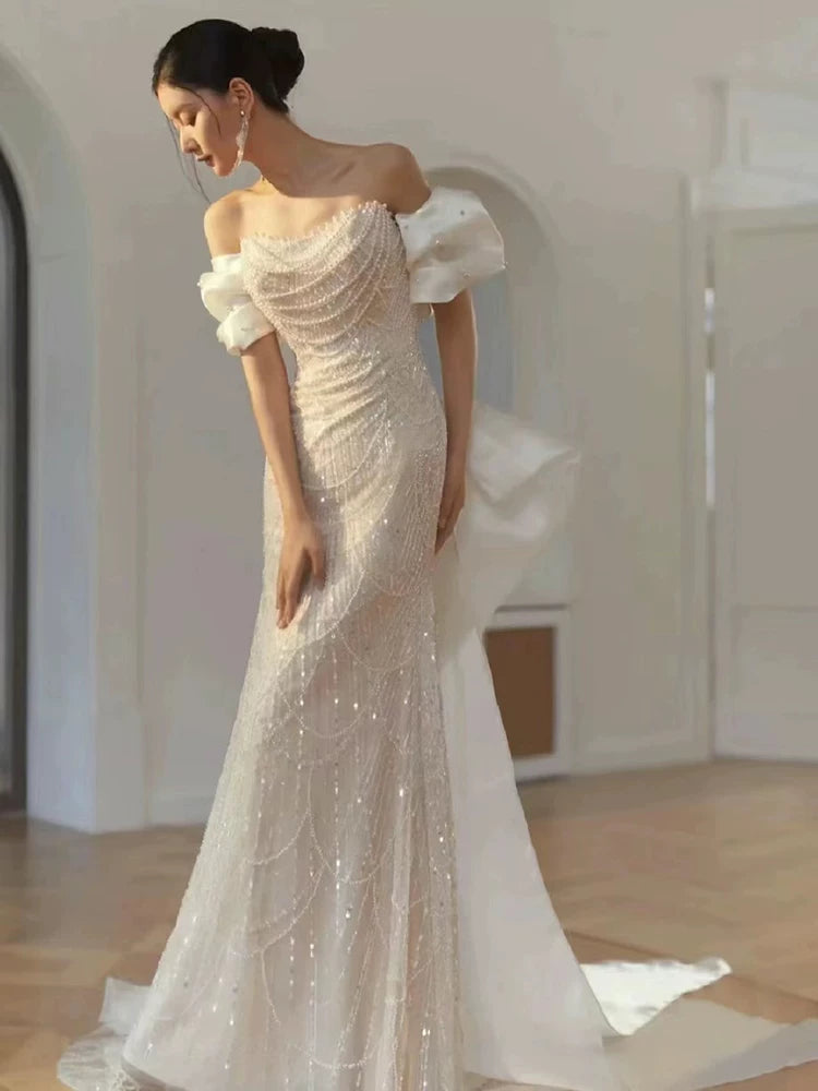 Gorgeous Off-Shoulder Mermaid Wedding Dress With Bow Train Beading Sequins Bridal Outfit AP7006
