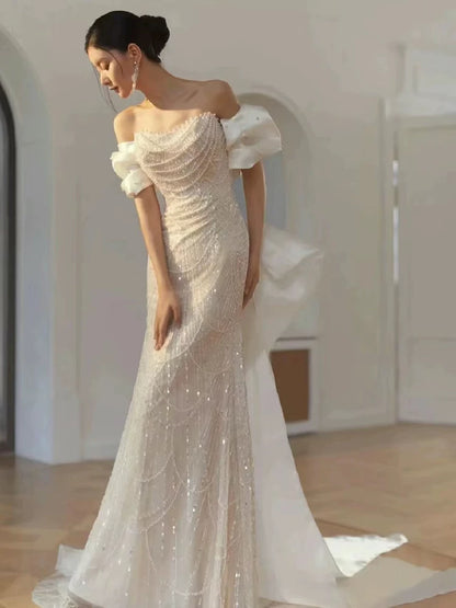Gorgeous Off-Shoulder Mermaid Wedding Dress With Bow Train Beading Sequins Bridal Outfit AP7006