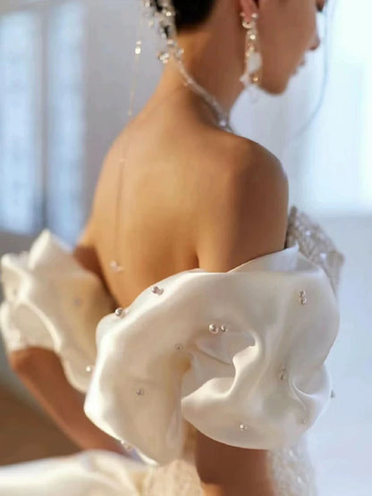 Gorgeous Off-Shoulder Mermaid Wedding Dress With Bow Train Beading Sequins Bridal Outfit AP7006