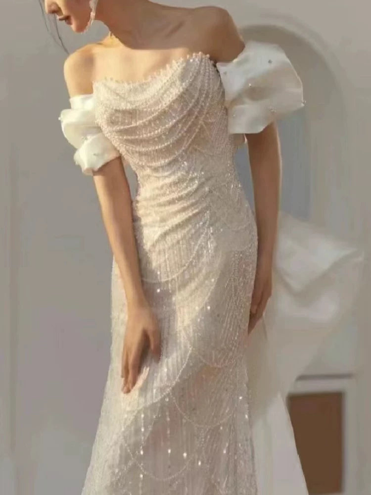 Gorgeous Off-Shoulder Mermaid Wedding Dress With Bow Train Beading Sequins Bridal Outfit AP7006