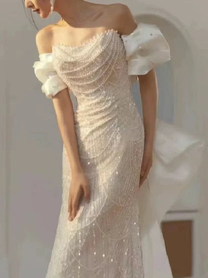 Gorgeous Off-Shoulder Mermaid Wedding Dress With Bow Train Beading Sequins Bridal Outfit AP7006