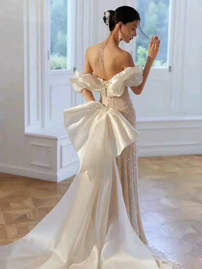 Gorgeous Off-Shoulder Mermaid Wedding Dress With Bow Train Beading Sequins Bridal Outfit AP7006
