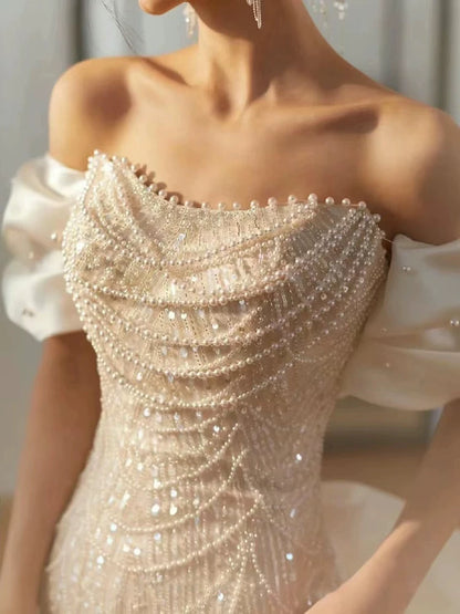 Gorgeous Off-Shoulder Mermaid Wedding Dress With Bow Train Beading Sequins Bridal Outfit AP7006