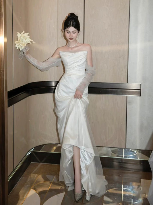 Glam Off-Shoulder Long Sleeve Wedding Dress Tulle Satin Mermaid Bridal Outfit AP7007