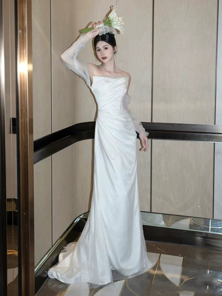 Glam Off-Shoulder Long Sleeve Wedding Dress Tulle Satin Mermaid Bridal Outfit AP7007
