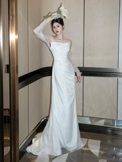 Glam Off-Shoulder Long Sleeve Wedding Dress Tulle Satin Mermaid Bridal Outfit AP7007