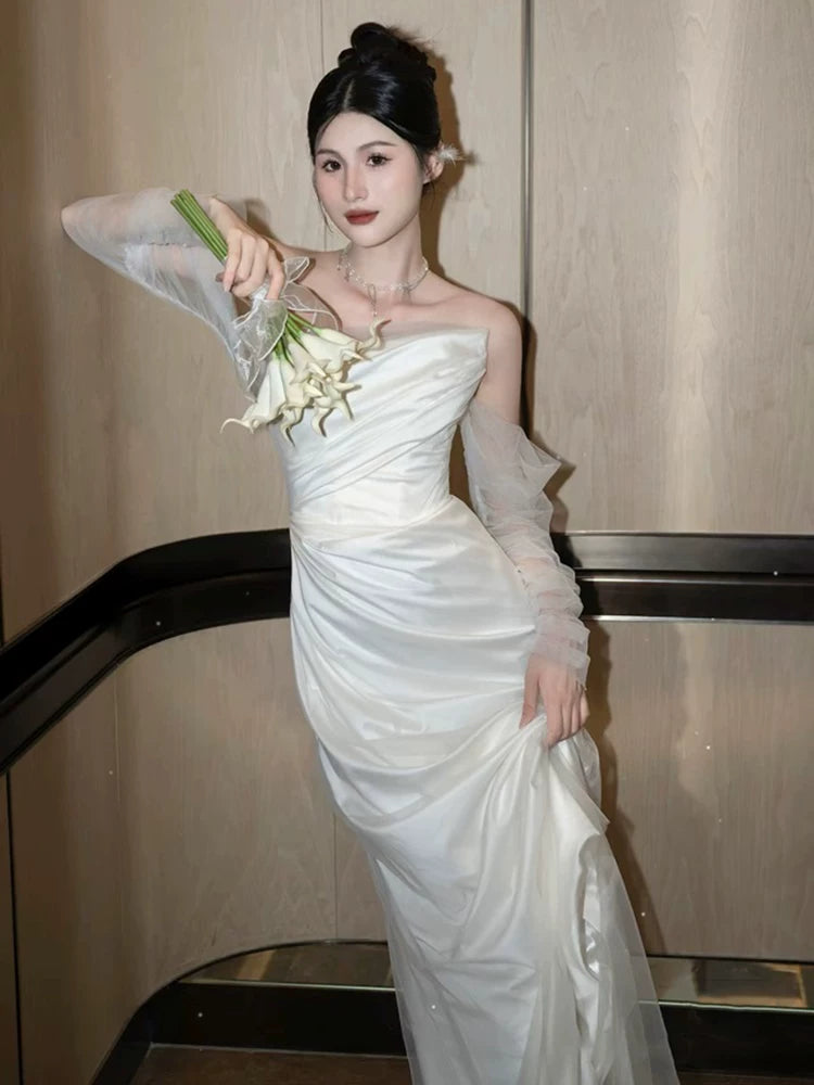 Glam Off-Shoulder Long Sleeve Wedding Dress Tulle Satin Mermaid Bridal Outfit AP7007