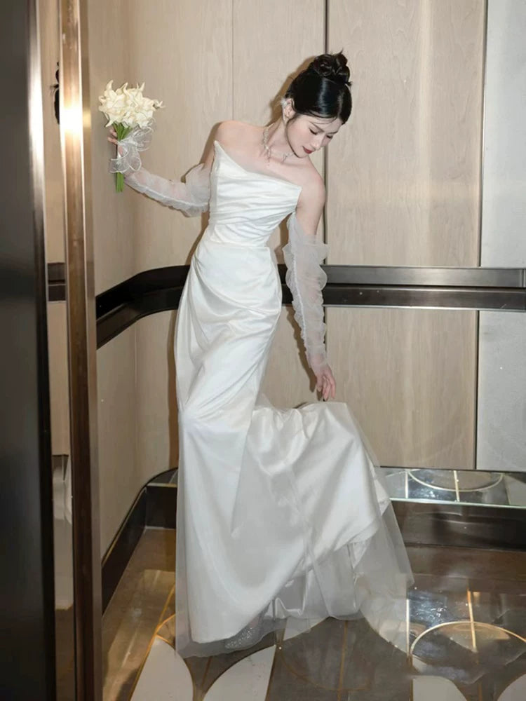 Glam Off-Shoulder Long Sleeve Wedding Dress Tulle Satin Mermaid Bridal Outfit AP7007