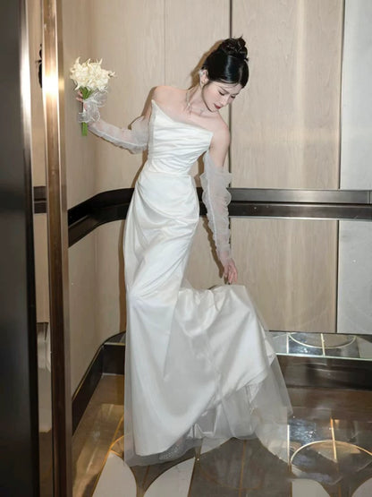 Glam Off-Shoulder Long Sleeve Wedding Dress Tulle Satin Mermaid Bridal Outfit AP7007