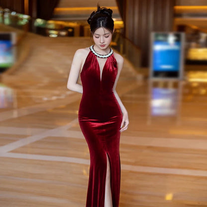 Glamorous Beaded Halter Neck Prom Dress Red Velvet Mermaid Evening Dress AP7008