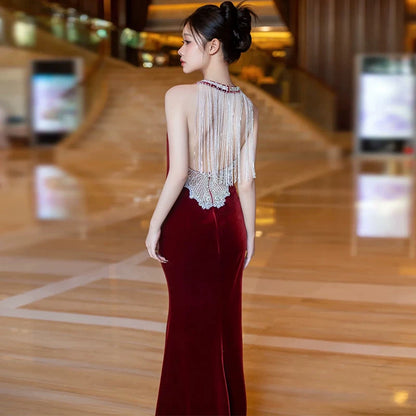 Glamorous Beaded Halter Neck Prom Dress Red Velvet Mermaid Evening Dress AP7008