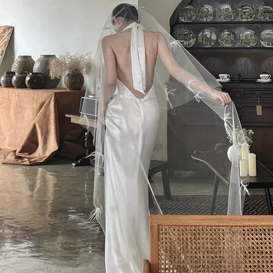 Novelty Backless Satin Wedding Dress Sheath Halter Neck Bridal Dress AP7009