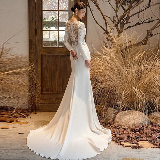 Unique V Neck Appliques Wedding Dress Long Sleeve Satin Mermaid Bridal Outfit AP7010