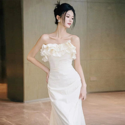Fashionable Strapless Mermaid Wedding Dress Ruffles Slit Bridal Outfit AP7011