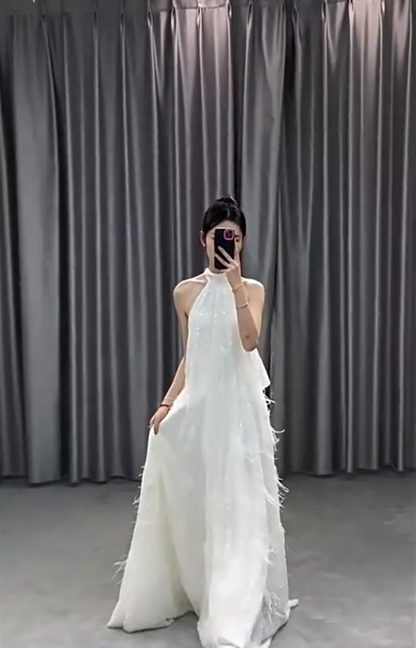 Minimalist Halter Neck A-Line Wedding Dress Feather Sequins Bridal Dress AP7013