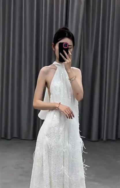 Minimalist Halter Neck A-Line Wedding Dress Feather Sequins Bridal Dress AP7013
