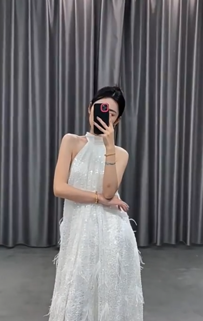 Minimalist Halter Neck A-Line Wedding Dress Feather Sequins Bridal Dress AP7013