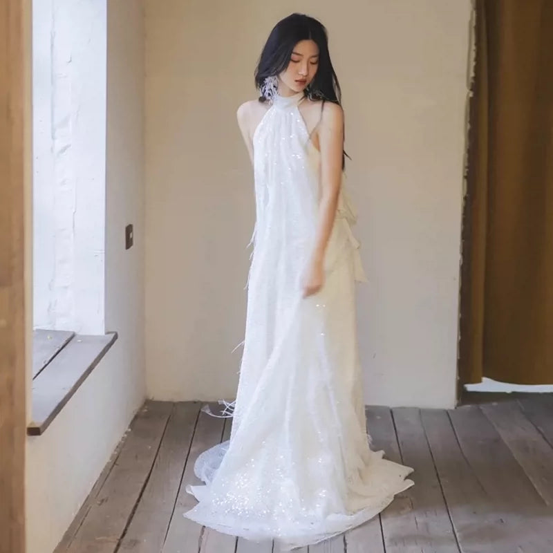 Minimalist Halter Neck A-Line Wedding Dress Feather Sequins Bridal Dress AP7013