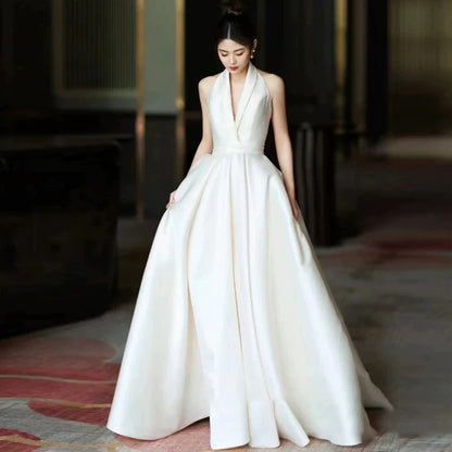 Simple Halter Neck A-Line Wedding Dress Backless Satin Bridal Dress AP7014