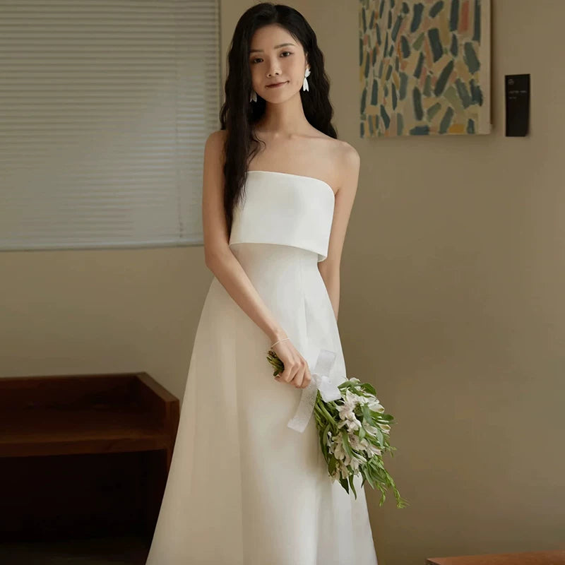 Charming Strapless White Wedding Dress Satin A-Line Bridal Dress AP7015