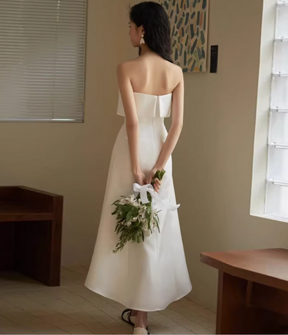 Charming Strapless White Wedding Dress Satin A-Line Bridal Dress AP7015