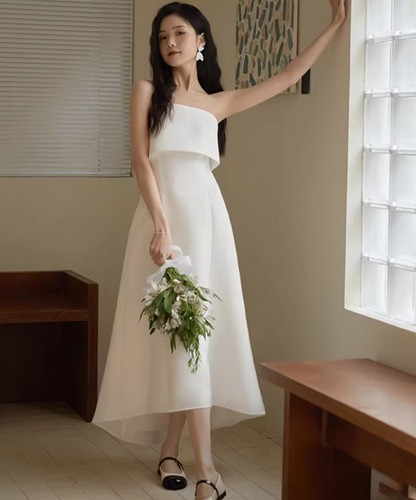 Charming Strapless White Wedding Dress Satin A-Line Bridal Dress AP7015