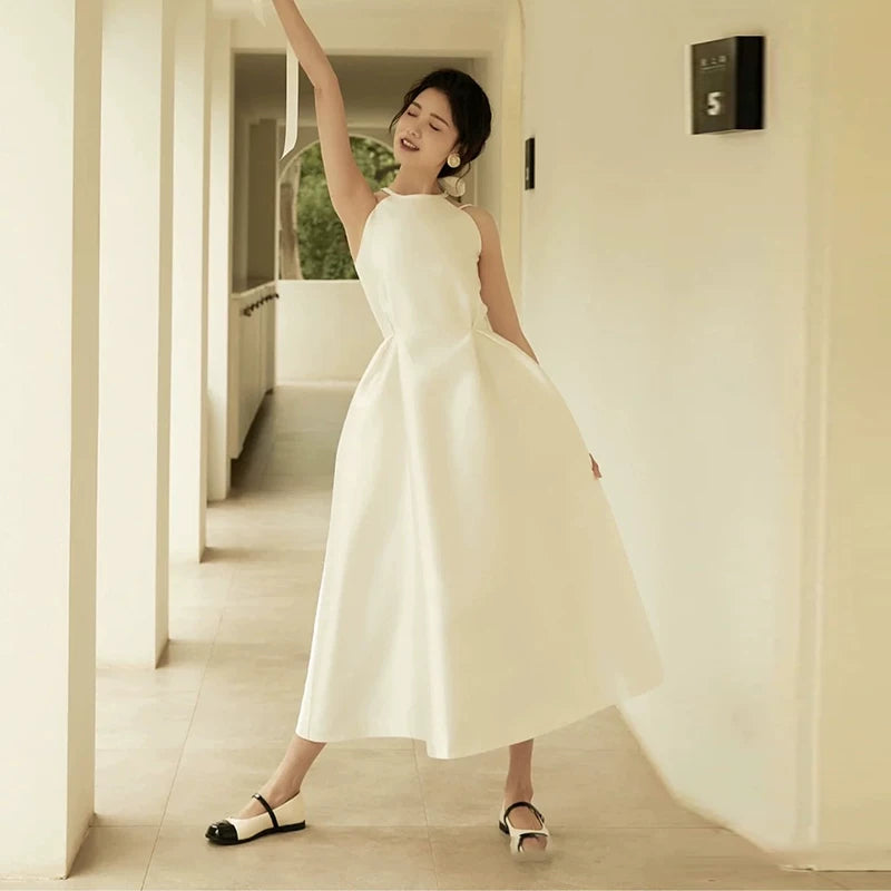 Flowy Halter Neck White Wedding Dress Bows A-Line Bridal Dress AP7016
