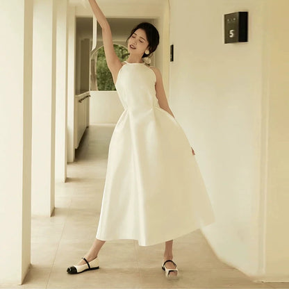 Flowy Halter Neck White Wedding Dress Bows A-Line Bridal Dress AP7016