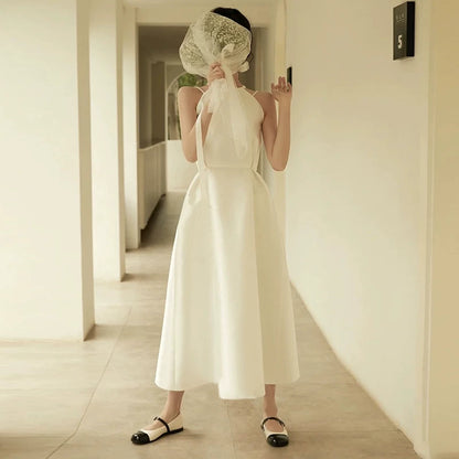 Flowy Halter Neck White Wedding Dress Bows A-Line Bridal Dress AP7016