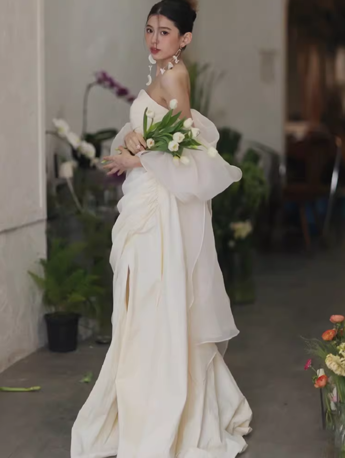Adorable Tulle Off-Shoulder Prom Dress Satin Slit Mermaid Evening Dress AP7017