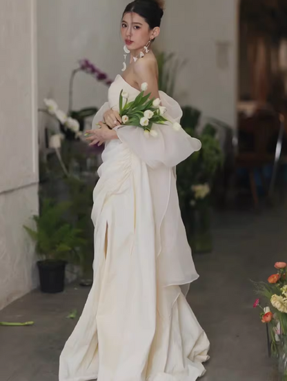 Adorable Tulle Off-Shoulder Prom Dress Satin Slit Mermaid Evening Dress AP7017