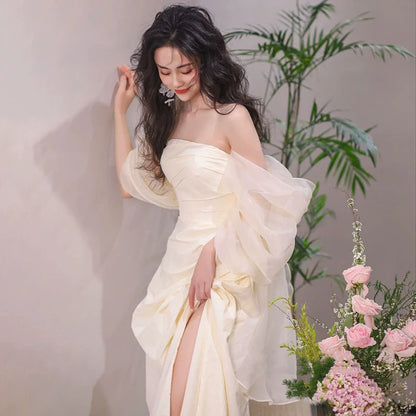 Adorable Tulle Off-Shoulder Prom Dress Satin Slit Mermaid Evening Dress AP7017