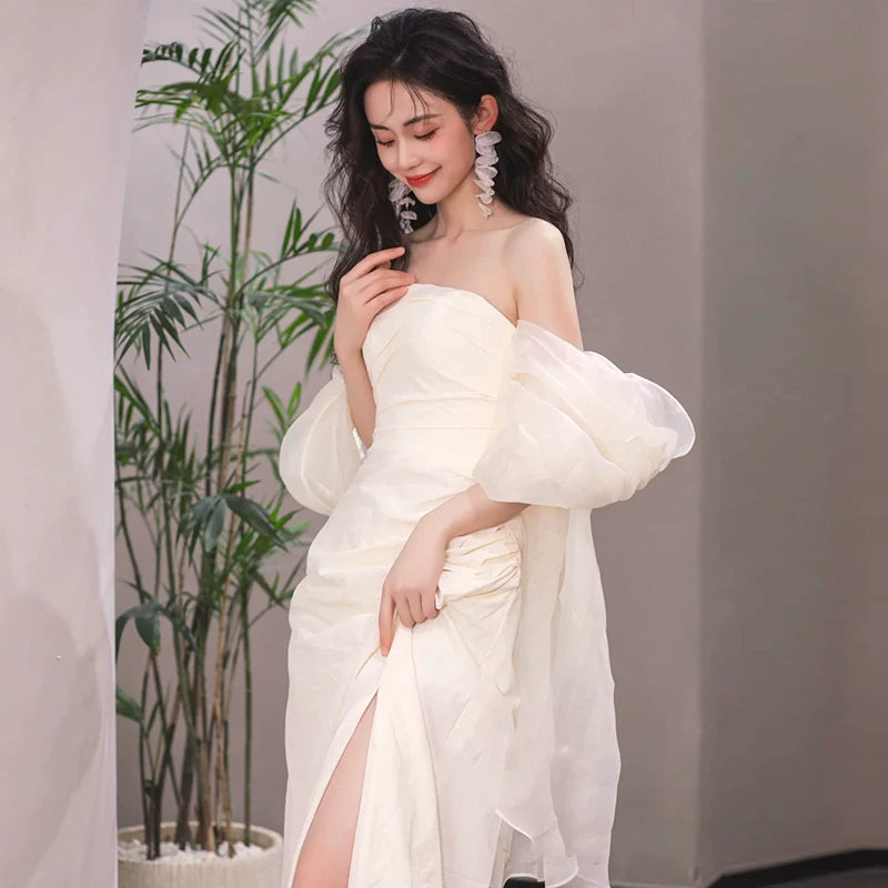 Adorable Tulle Off-Shoulder Prom Dress Satin Slit Mermaid Evening Dress AP7017
