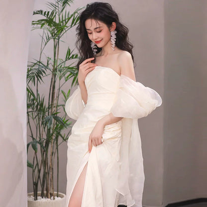 Adorable Tulle Off-Shoulder Prom Dress Satin Slit Mermaid Evening Dress AP7017
