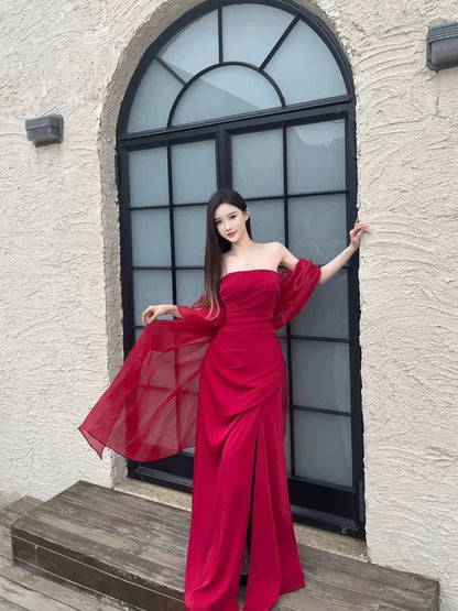 Adorable Tulle Off-Shoulder Prom Dress Satin Slit Mermaid Evening Dress AP7017