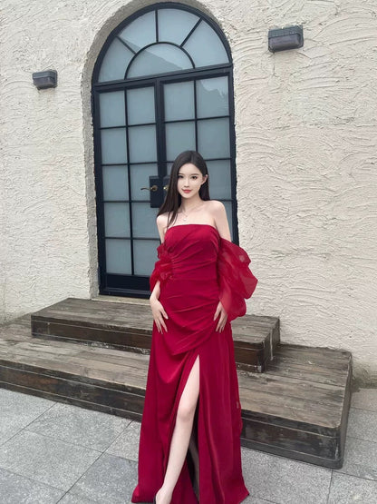 Adorable Tulle Off-Shoulder Prom Dress Satin Slit Mermaid Evening Dress AP7017