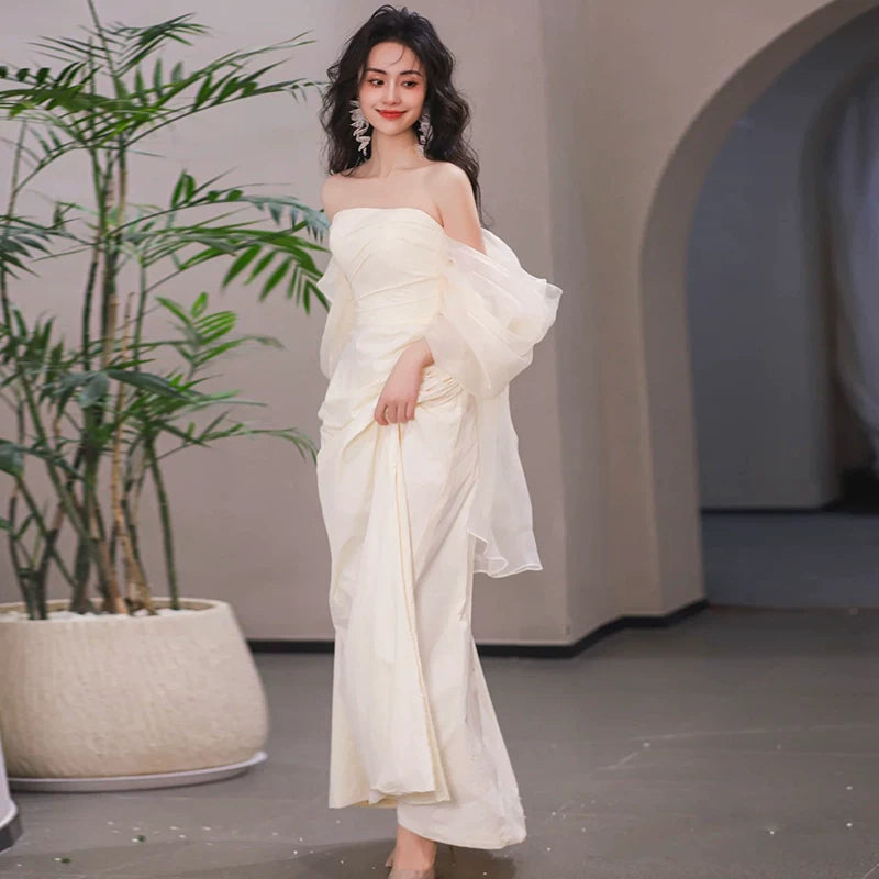 Adorable Tulle Off-Shoulder Prom Dress Satin Slit Mermaid Evening Dress AP7017