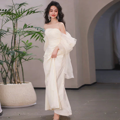 Adorable Tulle Off-Shoulder Prom Dress Satin Slit Mermaid Evening Dress AP7017