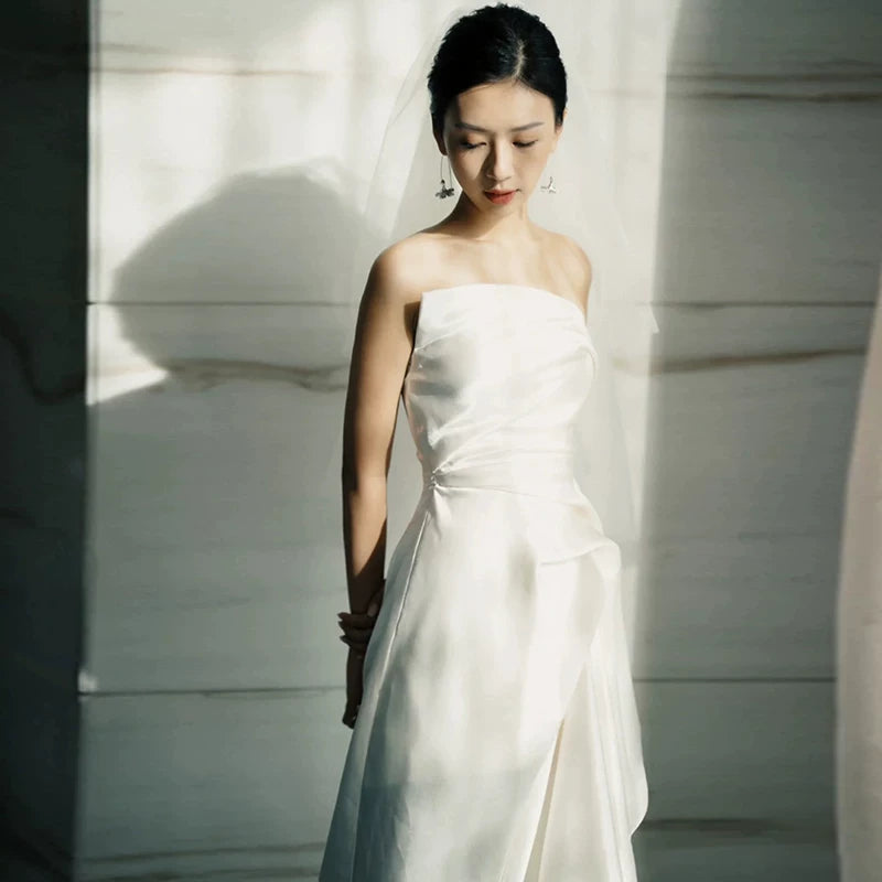 Stylish Strapless Sheath Wedding Dress With Slit Pleated Satin Bridal Dress AP7018