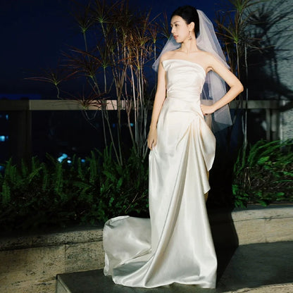 Stylish Strapless Sheath Wedding Dress With Slit Pleated Satin Bridal Dress AP7018