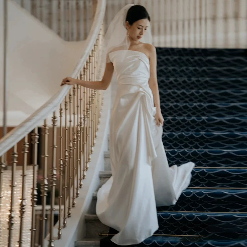 Stylish Strapless Sheath Wedding Dress With Slit Pleated Satin Bridal Dress AP7018