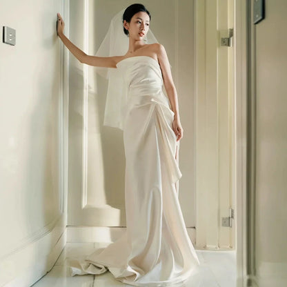 Stylish Strapless Sheath Wedding Dress With Slit Pleated Satin Bridal Dress AP7018