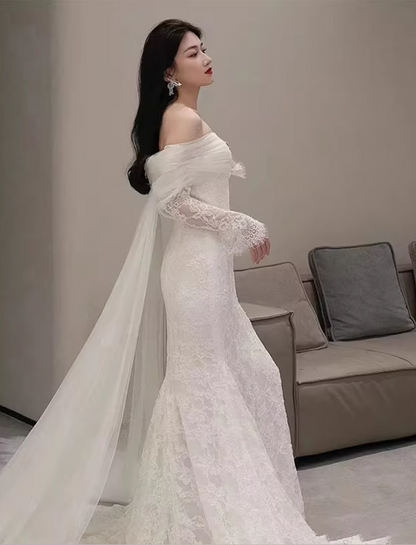 Fitted Long Sleeve Wedding Dress Off-Shoulder Lace Mermaid Bridal Outfit AP7019