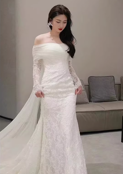 Fitted Long Sleeve Wedding Dress Off-Shoulder Lace Mermaid Bridal Outfit AP7019