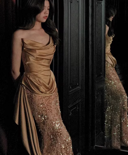 Flattering Strapless Mermaid Gold Prom Dress Ruched Satin Sequins Formal Dress AP7020