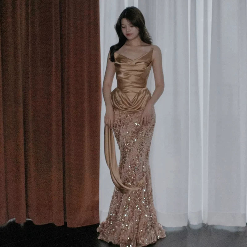 Flattering Strapless Mermaid Gold Prom Dress Ruched Satin Sequins Formal Dress AP7020