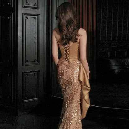 Flattering Strapless Mermaid Gold Prom Dress Ruched Satin Sequins Formal Dress AP7020
