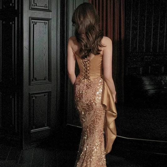 Flattering Strapless Mermaid Gold Prom Dress Ruched Satin Sequins Formal Dress AP7020